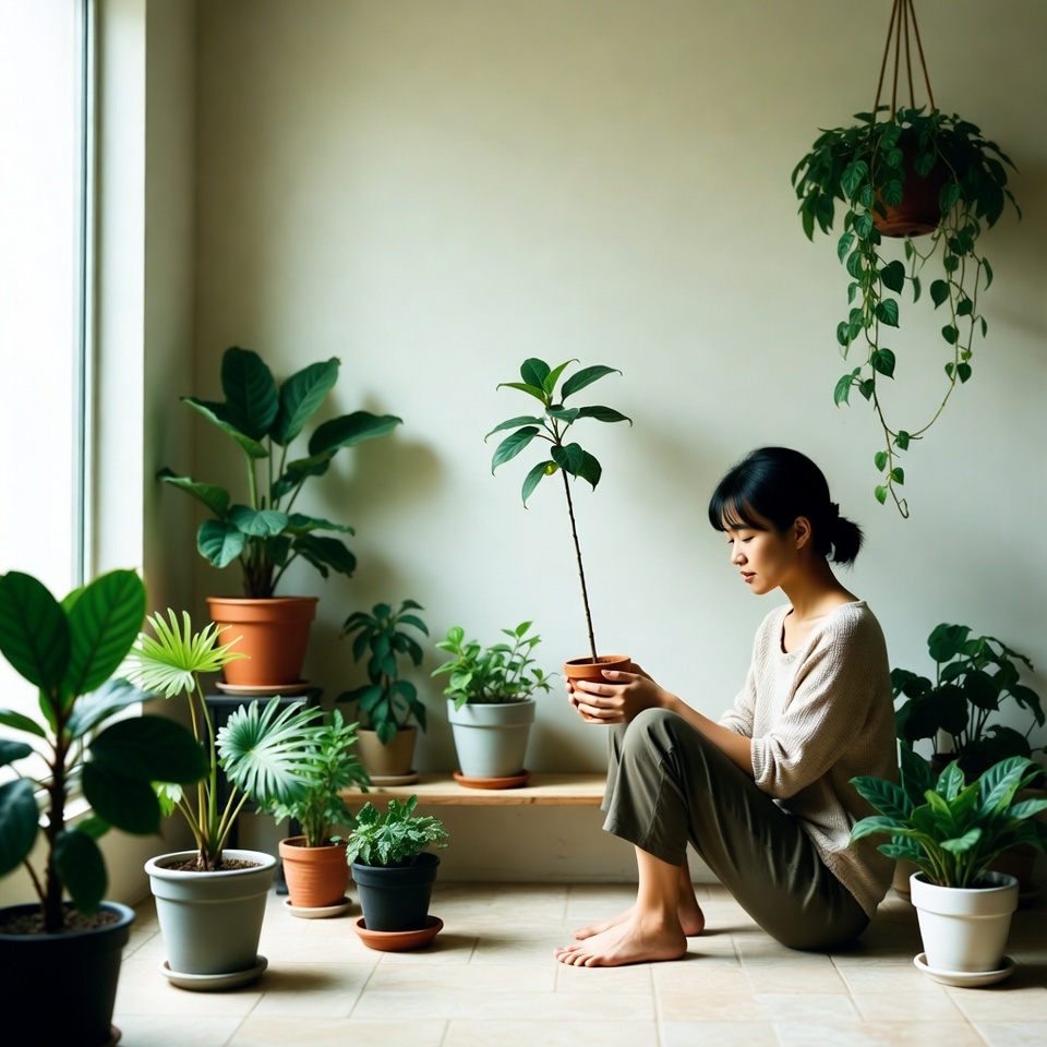Softly lit living room with layered indoor plants and a reading chair