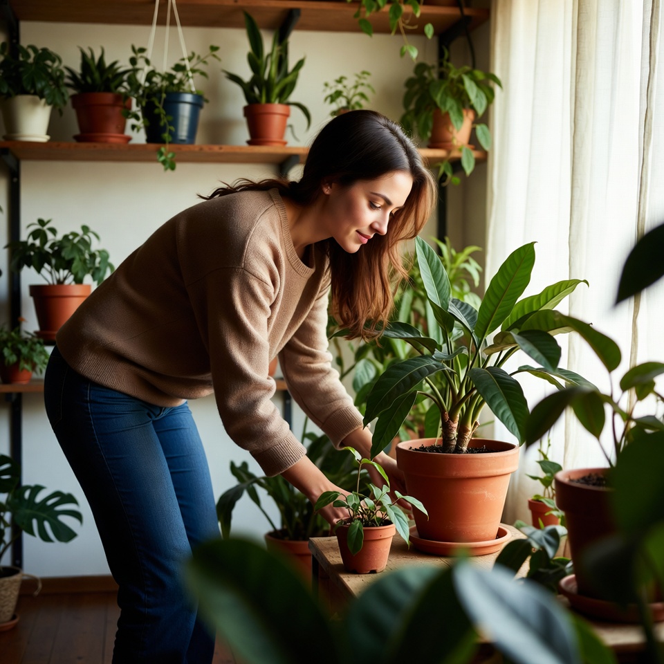 Balanced shelf arrangement with framed art and medium plants