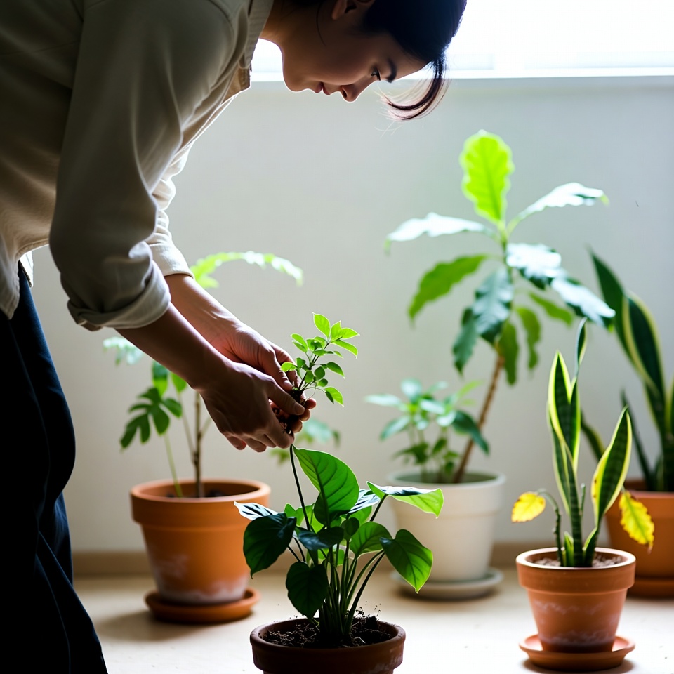 Wide sofa corner with layered green plants and soft pillows