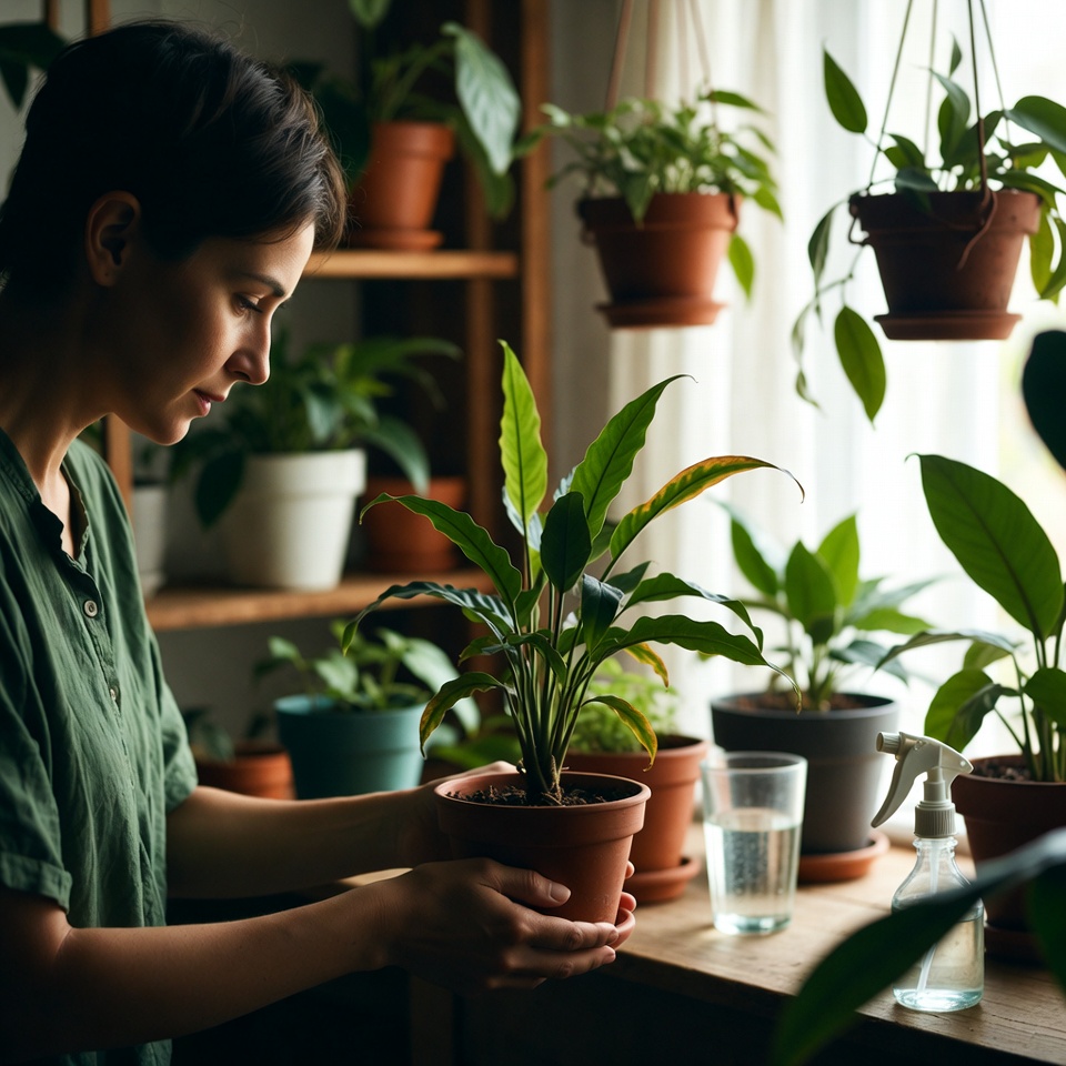 Bright window sill with small potted plants in simple ceramic pots