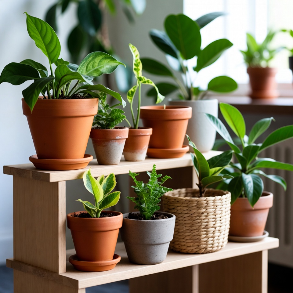 Three indoor plant care product bundles arranged on a wooden table